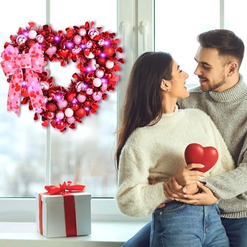 Waipfaru 2 Pcs 14.2'' Valentines Day Wreath, Heart Wreaths for Front Door, Red Pink White Valentine Wreath Decorations with Bowknot Lights for Valentine's Home Wedding Party Wall Window Gifts Decor - Image 7