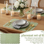 LemonRoad Scalloped Placemats Double Layer Linen, 8 Pcs, Sage Green, White - Image 5