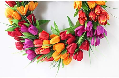 UIYIHIF 20 Inches Tulip Wreath, Artificial Flower Handmade Floral Wreath for 2023 New Spring, Simulation Round Spring Garland Wreath for Front Door Wedding Wall Home Decor - Image 7