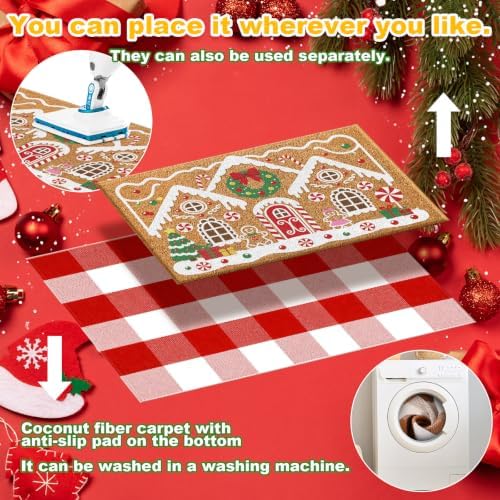 Moucuny 2 Pcs Christmas Coir Doormat Outdoor, Gingerbread House, Non Slip - Image 5
