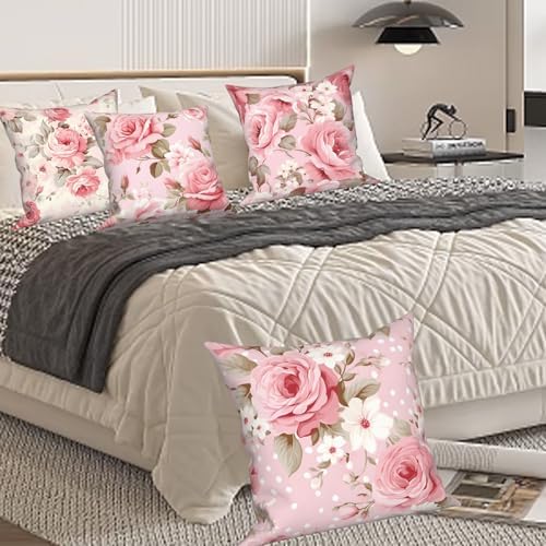 Rose Flowers Pillow Covers Pink Floral Green Leaves Set of 4 Blooming Peony Bouquet Retro Vintage Romantic Square Linen Pillowcases for Outdoor Couch Sofa Bedroom Patio Farmhouse 24x24Inch - Image 7