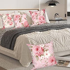 Rose Flowers Pillow Covers Pink Floral Green Leaves Set of 4 Blooming Peony Bouquet Retro Vintage Romantic Square Linen Pillowcases for Outdoor Couch Sofa Bedroom Patio Farmhouse 22x22Inch - Image 7