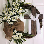 Easter Cross Wreath with Burlap Bow, Easter Door Wreath with Burlap Bow Swag Bowknot Rustic Farmhouse Spring Lily Wreath Easter Decorations for Hanging Door Decor (23IN Num.04) - Image 6