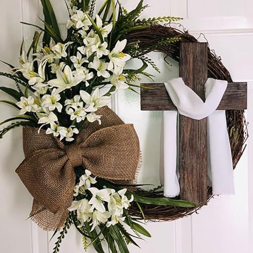 Easter Cross Wreath with Burlap Bow, Easter Door Wreath with Burlap Bow Swag Bowknot Rustic Farmhouse Spring Lily Wreath Easter Decorations for Hanging Door Decor (23IN Num.04) - Image 6