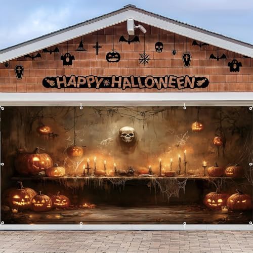 Halloween Garage Door Banner 7x16ft Spooky Skull Wall Covered With Cobwebs Halloween Garage Door Cover Decorations for 2 Car Large Hallows' Eve Banners Backdrop for Outdoor Party by Lexfvpoo
