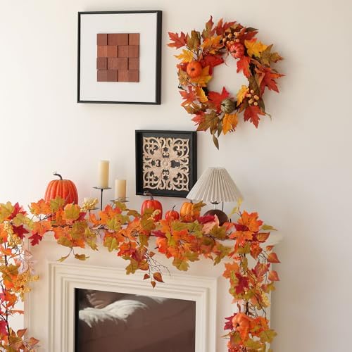 MIZII Fall Wreaths for Front Door 19 inch Yellow Fall Wreath with Artificial Maple Leaves Pumpkin Autumn Leaf Thanksgiving Halloween Harvest Door Decorations for Wall Porch Home Decor (Yellow) - Image 7