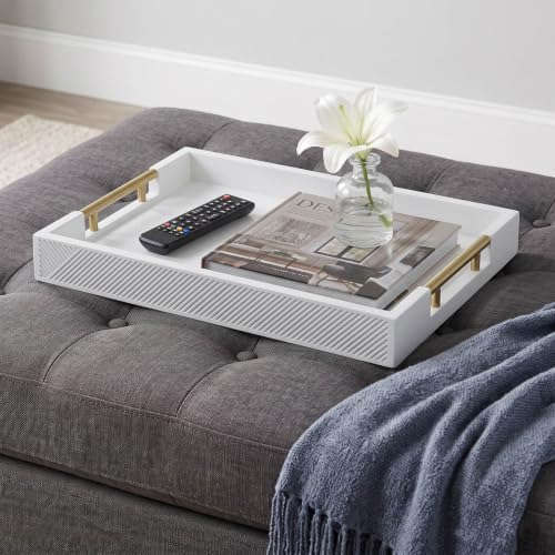 Decorative Serving Tray, Modern Rectangle Wood Tray with Polished Metal Handles, Glossy Finish, 16.5x12 Inch, for Coffee Table, Ottoman (White) - Image 3