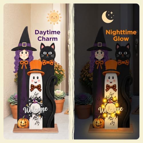 Halloween Welcome Sign with LED Lights, 36" Wooden Standing Sign, Witch Black Cat Ghost Design, Front Porch Decor for Outdoor Indoor Yard Garden Party - Image 3