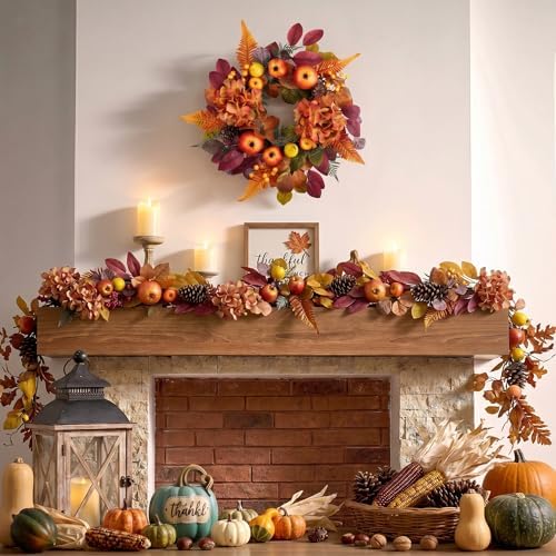 DecorbyHannah 18'' Fall Wreath for Front Door with Lights & Pomegranate - Image 4