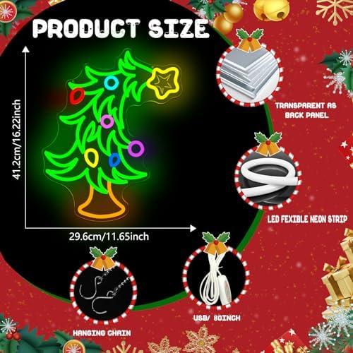 Whimsical Christmas Tree Neon Sign Christmas Neon Sign for Wall Decor Xmas Tree Led Sign Dimmable Xmas Neon Light Up Signs for Holiday Door Window Bedroom Party Home Decoration Winter Bar Porch - Image 3