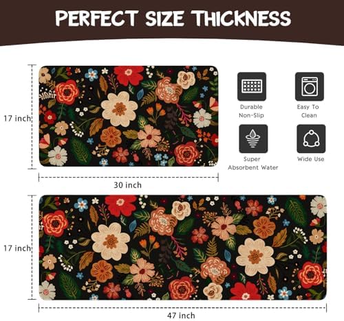 Boho Floral Kitchen Mat Set of 2,Modern Farmhouse Flowers Kitchen Rugs and Mats Non Skid Washable,Spring Summer Bohemian Kitchen Runner Rugs with Rubber Backing (Black 17"x47"+17"x30") - Image 3