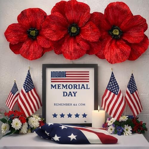 Norme 6 Pcs Memorial Day Poppy Giant Burgundy Flowers Red Petal Arch Decor - Image 3