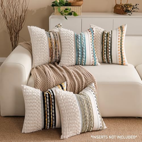 Boho Chenille Tufted Couch Throw Pillow Covers 18x18 Inch Set of 2 Farmhouse Striped Decorative Pillow Covers Accent Neutral Pillowcase Brown Cushion Cover for Living Room Sofa Bed - Image 2