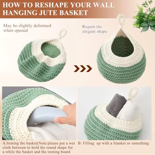 Honeydak 3 Hanging Baskets, White with Sage Green, Teardrop, Cotton Rope - Image 4