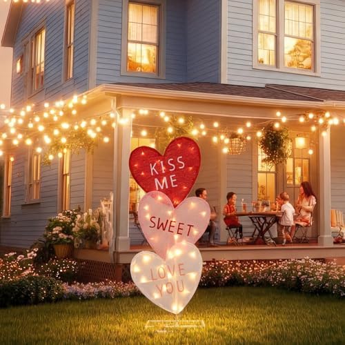 VIHOSE Valentine's Day Heart Lights 41 Inch H Pre-lit Lighted Heart Decor with 50 Warm White Lights Valentine's Day Conversation Candy Hearts Decoration for Indoor Outdoor Porch Garden Lawn(Classic) - Image 4