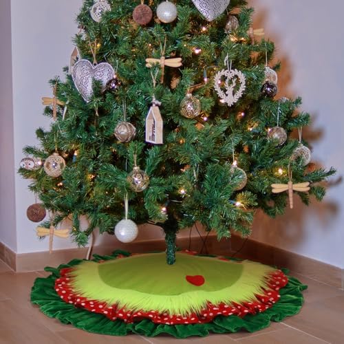 Gemscream 30 Inches Green Christmas Tree Skirt Xmas Decorations with Red Heart Patch for Tree Mat Collar with Red Green Trim for Christmas Party Indoor Outdoor Holiday Party Decor - Image 4