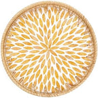 Round Rattan Tray with Mother of Pearl Inlay, Rattan Serving Tray for Coffee, Bread, Fruits, Decorative Wicker Tray for Table Decor, Home Decor, Kitchen Island Decor (Amber Leaf, 11.8") by Tynulox