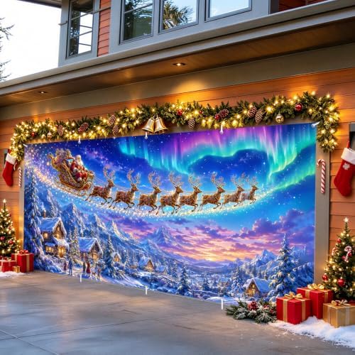 Magical Christmas Garage Door Banner Mural - Santa Sleigh Reindeer Flying Over Winter Snow Village Backdrop Large 7x16ft Holiday Outdoor Wall Decor Durable Weatherproof Fabric Cover for Home Xmas - Image 6