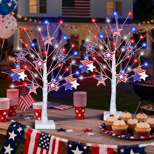 4th of July Decorations, 2 Pack 24 Inch Fourth of July Decorations Patriotic Tree with 8 Wooden Ornaments, USB/Battery Operated Red White Blue Lights Independence Day July 4th Decorations for Home - Image 2