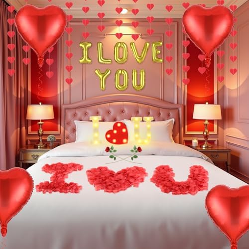 Romantic Anniversary Valentines Day Decorations Bedroom Special Night Decorations with I Love You Light Sign Balloons, Rose Petals, Artificial Roses, Red Heart Strings for Room Hotel Anniversary Decor - Image 7
