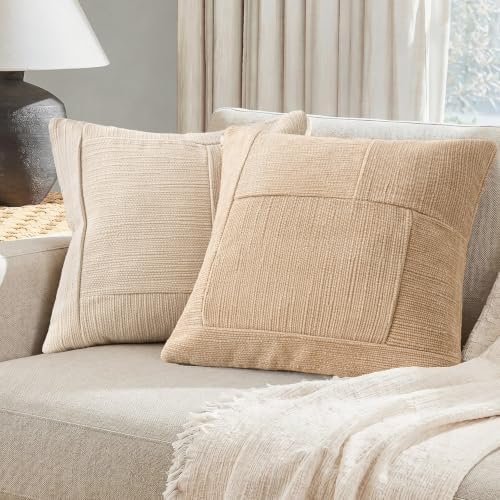 Foindtower Set of 2 Decorative Patchwork Chenille Throw Pillow Covers Textured Neutral Vintage Cushion Covers Modern Boho Accent Home Decor for Sofa Chair Couch Bedroom Living Room,20×20 Inch,Camel - Image 4