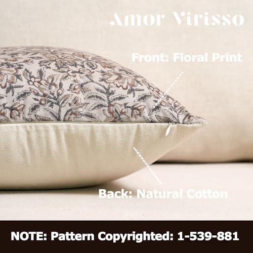 Amor Virisso Floral Throw Pillow Covers 12 x 20 Set of 2 Vintage Block Print Pillow Covers Decorative Pillow Covers Couch Pillows for Living Room Farmhouse Accent Sofa Pillows, Green/Sand - Image 2