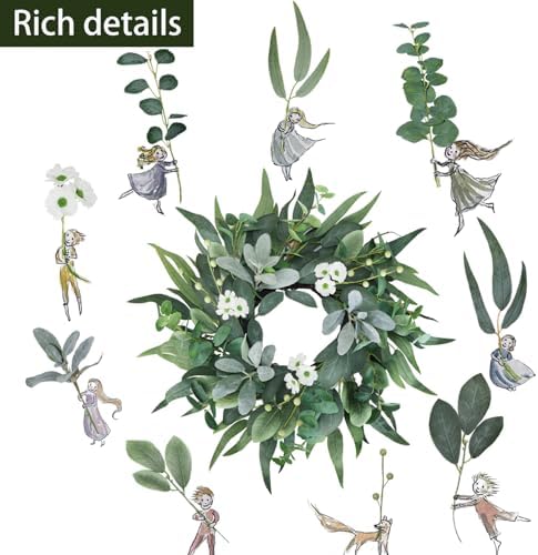 20" Green Eucalyptus Wreaths for Front Door with Lambs Ear White Flowers – Lifelike Spring, Summer, and Winter Wreath for Farmhouse Porch, Window, Door Decor - Image 2