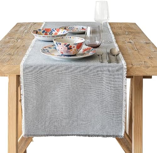 Over&Back 18x90 Woven Frayed Chambray Cotton Table Runner - Washable Table Runners for a Custom Home Decor Tablescape - Hand-Finished Frayed Edges - Coffee Table, Dinner Table, Living Room - Grey by overback