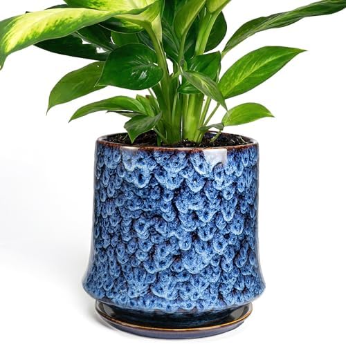 11 Inch Ceramic Planter Pot with Saucer Drainage Leak-Proof Mesh,Flower Pots for Lavender with Gardening Gloves,Ceramic Planter for Orchid(Peacock-Blue) by Unknown