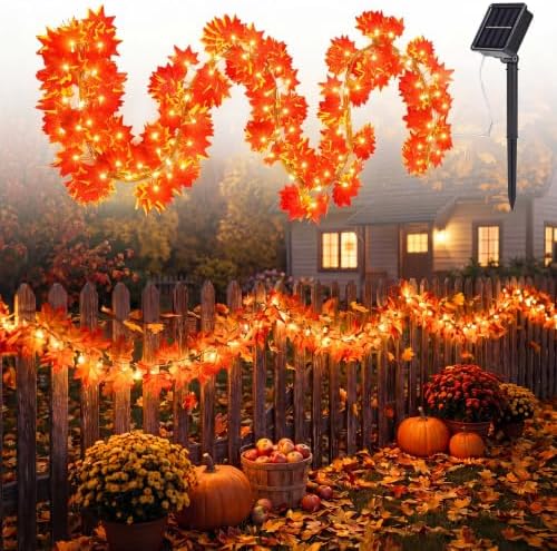 Sureio 72ft Fall Solar Lights Outdoor Decorative 88 ft Maple Leaf Garland String Lights with 200 LED 8 Modes for Porch, Yard, Front Door, Patio, Outside, Thanksgiving Harvest Autumn Party Decoration by Sureio