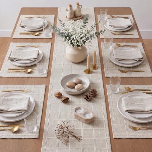7 Pcs Christmas Linen Checked Farmhouse Table Runner and Placemat - Image 4