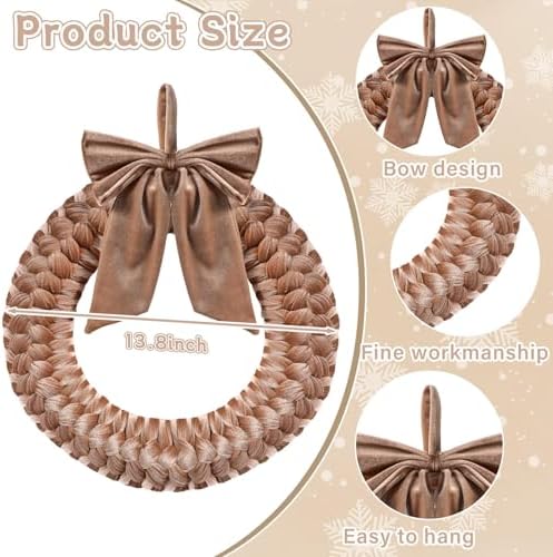Brown Christmas Velvet Wreath 14" Christmas Decoration Front Door Xmas Velvet Ornament with Bow Xmas Wreath Decorations for Table Fireplace Porch Window Wall New Years Home Party Indoor Decoration - Image 2