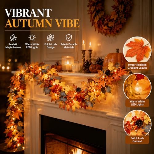 6ft/10ft Maple Leaf Fall Garland with Lights in/Outdoor (2-6ft, BAT) - Image 2