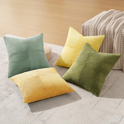 MIULEE Boho Farmhouse Spring Decorative Throw Pillow Covers 20x20 Inch 4 Packs Soft Vintage Pillow Cases Modern Corduroy Patchwork Cushion Covers for Couch Sofa Bed Summer Home Decor, Yellow Green - Image 3