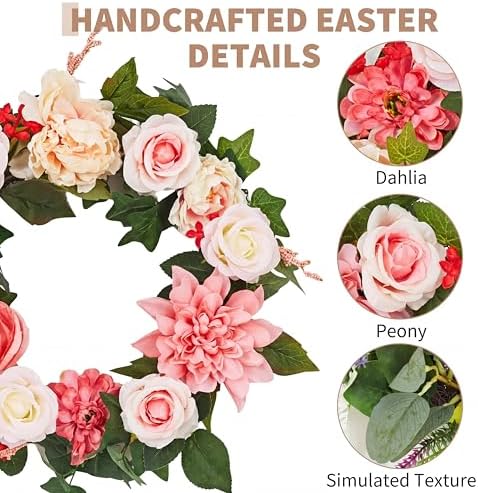 24in Artificial Pink Peony Spring Summer Wreath and Bouquets Sets, Realistic Spring Fake Flower Decor with Real Rattan Base, Includes 2 Matching Bouquets, Front Door Home Mother's Day - Image 3