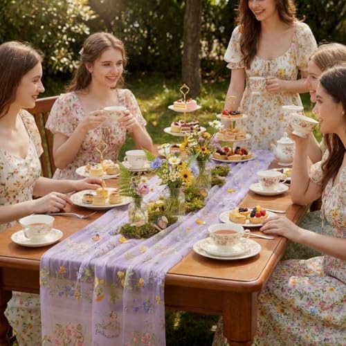 Purple Floral Table Runner 10ft Embroidery Tulle Spring Wildflower Gauze Table Runner Seasonal Summer Butterfly Kitchen Dining Decoration for Wedding Baby Shower Birthday Party (3 Pcs) - Image 3