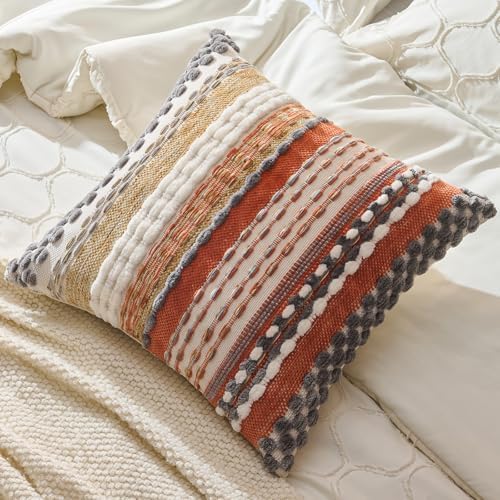 AmHoo Set of 2 Chenille Tufted Striped Textured Boho Throw Pillow Covers Aesthetic Woven Decorative Pillow Case for Couch Bed Sofa Bedroom Modern Funky 18 x 18-Inch Orange Grey - Image 4