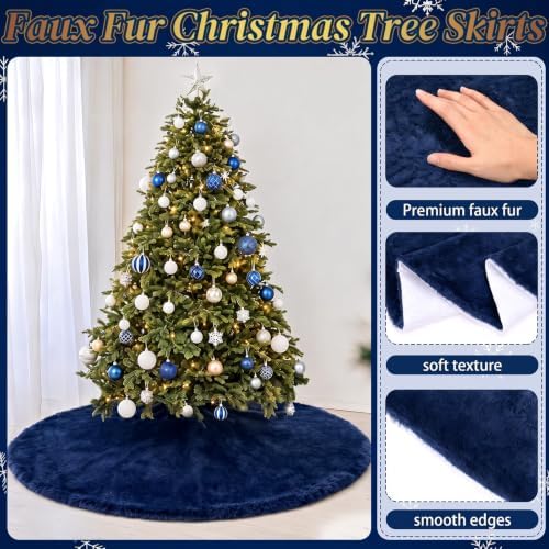 Viorawhite Navy Blue Christmas Tree Skirt, 60 Inch Large Faux Fur - Image 4