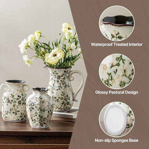 Ceramic Flower Vase Set for Home Decor, Vintage Green Vase (6+6+7 Inch) - Image 5