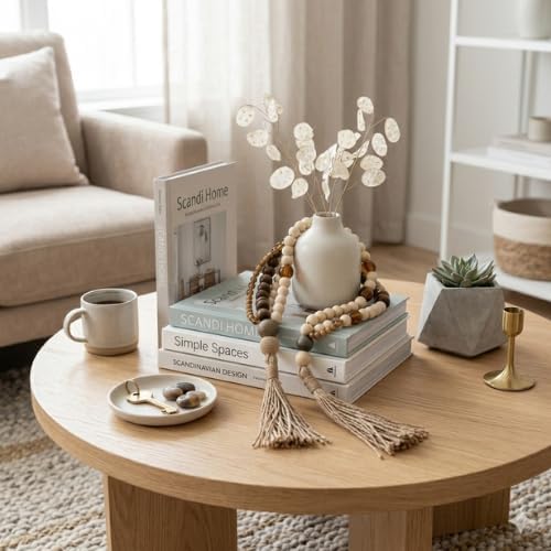 Laju Handmade Mah - 35" Wood Bead Garland - Home Jewelry with Natural Sisal Tassels & Amber Spheres - Large Boho Coffee Table Styling String - Image 3