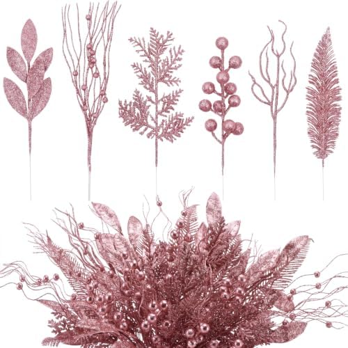 Pink 66 Pcs Christmas Glitter Picks and Sprays, Xmas Artificial Floral Stems Branches Berry Leaf Pine for Tree Topper Wreath Garland Centerpiece Holiday Party Home Decor by Vertintong