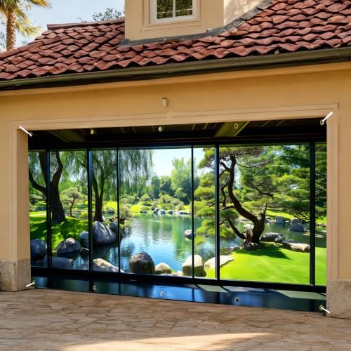 Japanese Garden Garage Door Banner 6 x 13 FT, Zen Garden Pond Garage Door Cover, Scenic Pine Tree Nature Landscape Outdoor Garage Door Decorations, Asian Garden Backdrop for Home Decor(Landscape painting) - Image 2