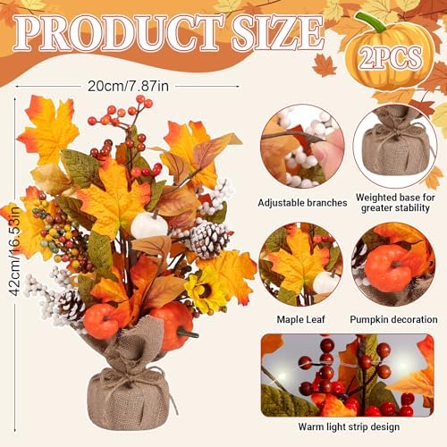 2 Pack Thanksgiving Fall Tabletop Tree Decor Fall Maple Tree with Pumpkins Pinecones LED Battery Operated Rustic Burlap Base Artificial Tabletop Trees for Home Office Autumn Decor - Image 2