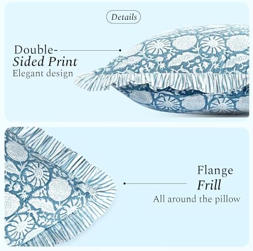 CPC Blue Meadow Hand Block Print 100% Cotton Ruffle Throw Pillow Cover 20x20 inch with Hidden Zipper Decorative for Couch, Bed, Sofa, Farmhouse, Cottagecore Decor Gift Christmas Fall Thanksgiving - Image 2