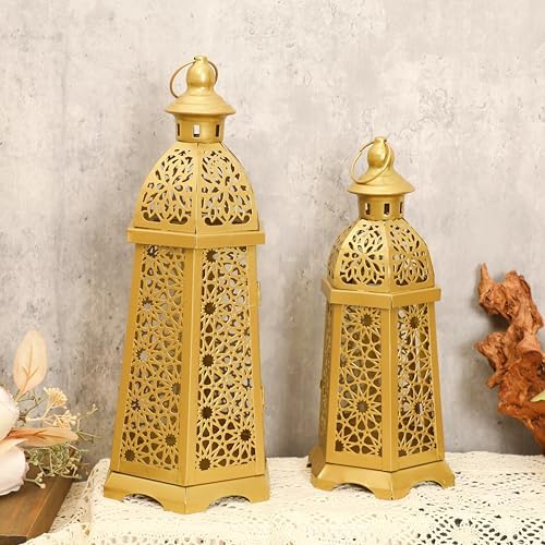 2 Pack Moroccan Lantern Lamp Decorative Candle Holders for Ramadan Decorations, Hanging, Outdoor Patio or Porch, Indoor Home Decor（Gold） - Image 5