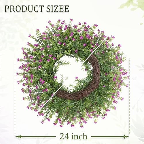 Realistic 24 Inch Baby’s Breath Wreath Spring Wreath for Front Door, Zmtyykh Purple Floral Green Wreath for Outdoor Indoor Farmhouse Wall Porch Home Decor, All Season Summer Wedding Party - Image 3