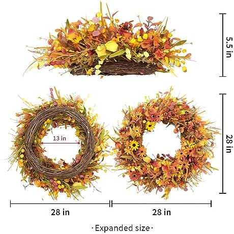 JINGHONG 28 Inch Large Fall Wreaths for Front Door Artificial Fall Wreath Floral Autumn Wreath with Colorful Daisies Fall Foliage for Indoor Outside Door Harvest Festival Thanksgiving Day Celebration - Image 2