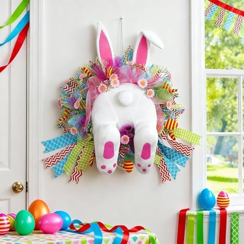 Easter Bunny Butt Wreath, Spring Door Decoration Kit, Colorful Ribbon and Floral Design, 18 x 15.9 Inches, Indoor Outdoor Welcome Sign - Image 3