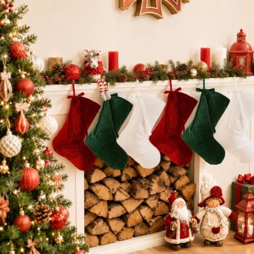 Leumoi 6 Pcs 18 Inch Farmhouse Velvet Christmas Stockings, Large Classic Multicolor Christmas Fireplace Stockings with Bow Country Rustic Velvet Hanging Decorations for Family Mantel Party Favors - Image 6