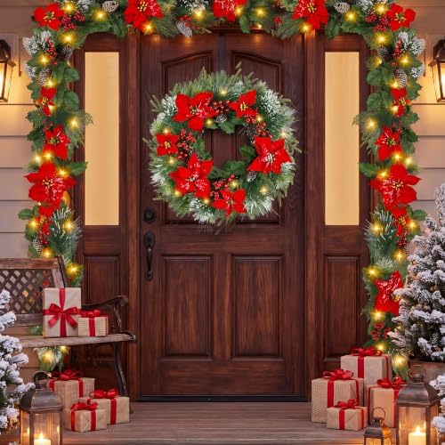 Christmas Wreaths for Front Door - 8 Lighting Modes 26 Inch Real Touch Pine Wreath with Poinsettia, Red Berries & Pine Cones Prelit Winter Wreath for Outdoor Christmas Decorations Home Decor - Image 6